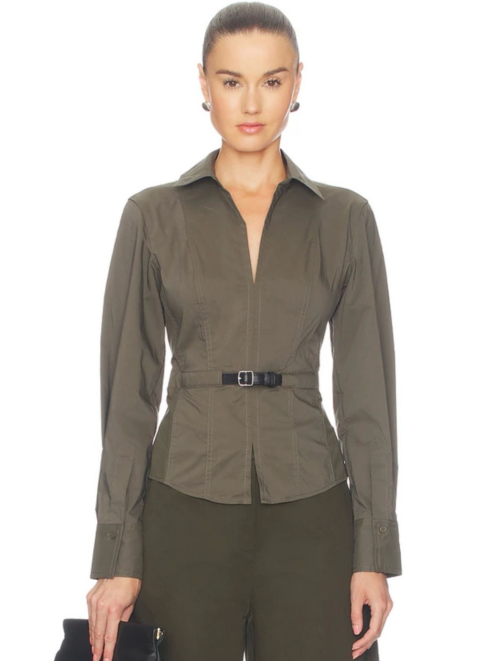 SIMKHAI NWOT Loriel Belted Shirt, Dark Olive